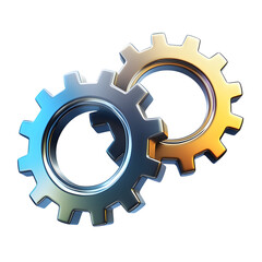 Two interlocking metallic gears rotating together on white background