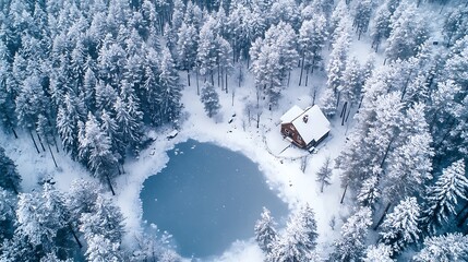 Winter cabin in snowy forest