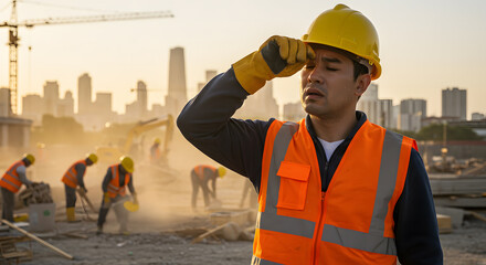 A tired construction worker in a yellow safety helmet and orange reflective vest wipes sweat from his forehead while working on a dusty construction site. The sun is setting in the background, casting