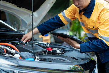 Asian male automotive technician who inspects, repairs, and maintains all vehicle systems,ensuring...