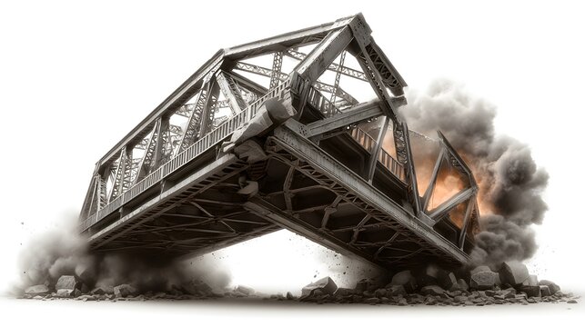Dramatic scene of a steel bridge structure being demolished with clouds of smoke and debris surrounding the collapsing structure