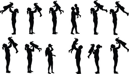 Silhouette of joyful parents lifting children, happy family bonding moment, playful interaction, love, connection, outdoor parenting, vector illustration