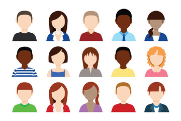 Diverse Group Avatars: A comprehensive collection of diverse avatar icons representing different genders, ethnicities, and styles, perfect for various digital applications.