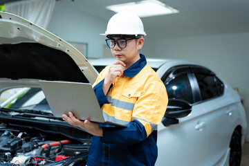 Asian male automotive technician who inspects, repairs, and maintains all vehicle systems,ensuring...