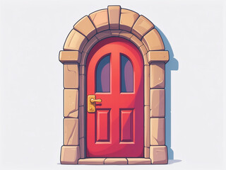 illustration depicts a charming red arched door with a gold handle, framed by weathered stone, set against a plain white background.