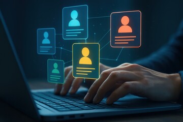 Hands typing on laptop with glowing user profiles and network connections