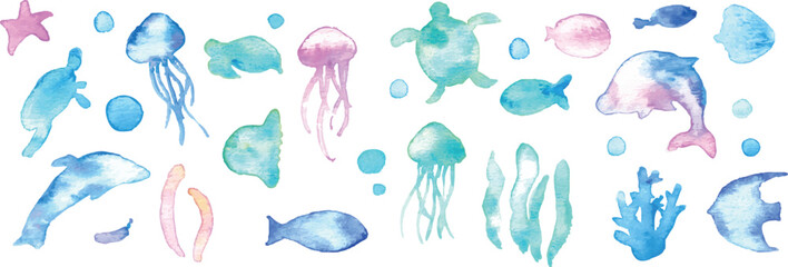 水彩画。水彩タッチの海の生き物フレーム。夏の生き物ベクターイラスト。海。バカンス。水中フレーム背景。Watercolor painting. Watercolor sea creatures frame. Summer creatures vector illustration. Ocean. Vacation. Underwater frame background. © necomammma
