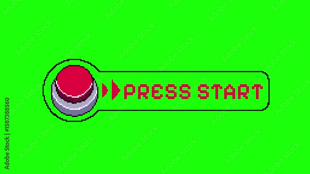 Wall mural pixel art retro arcade game 'press start' red button on green screen background - 8-bit video game s