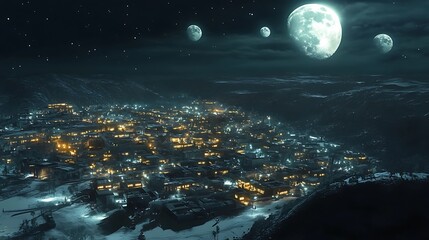 Winter town at night with multiple moons
