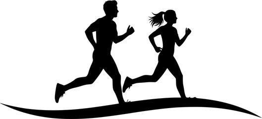 Running man and woman, isolated vector silhouettes. Run, side view. Silhouettes of athletic looking male and female runners running. EPS 10 version.