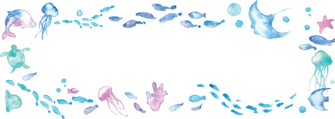 水彩画。水彩タッチの海の生き物フレーム。夏の生き物ベクターイラスト。海。バカンス。水中フレーム背景。Watercolor painting. Watercolor sea creatures frame. Summer creatures vector illustration. Ocean. Vacation. Underwater frame background.