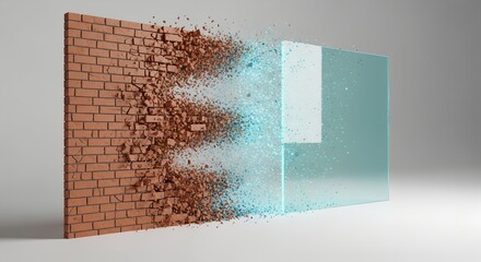 Abstract image of a traditional brick wall undergoing a dramatic metamorphosis, shattering into particles to reform as a modern, blue-tinted transparent glass panel, embodying digital transformation.