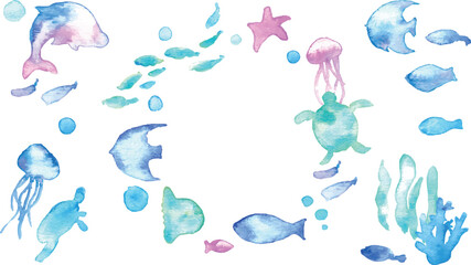 水彩画。水彩タッチの海の生き物フレーム。夏の生き物ベクターイラスト。海。バカンス。水中フレーム背景。Watercolor painting. Watercolor sea creatures frame. Summer creatures vector illustration. Ocean. Vacation. Underwater frame background.