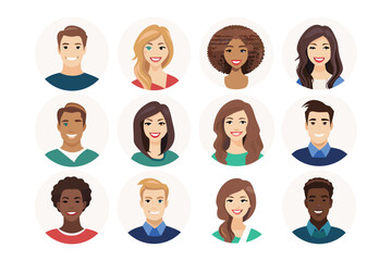Diverse Avatar Set: A collection of twelve diverse avatars, each representing a unique individual with varying hairstyles and skin tones, perfect for illustrating the variety of representation.