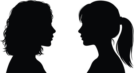 Silhouette of two side view people profiles, communication concept, diversity illustration, white background, minimal design, social connection, vector graphic