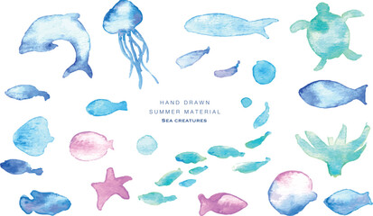 水彩画。水彩タッチの海の生き物フレーム。夏の生き物ベクターイラスト。海。バカンス。水中フレーム背景。Watercolor painting. Watercolor sea creatures frame. Summer creatures vector illustration. Ocean. Vacation. Underwater frame background.
