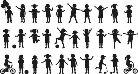 Silhouettes of children playing, riding scooters and bikes, holding balloons, joyful outdoor activities, happy childhood, fun moments, vector illustration