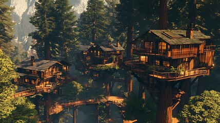 Wooden treetop village in forest