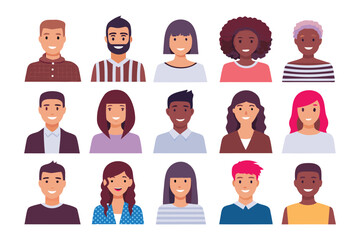 Diverse Avatars: A collection of vector avatars featuring various faces, each representing a different person with unique expressions, hairstyles, and skin tones.