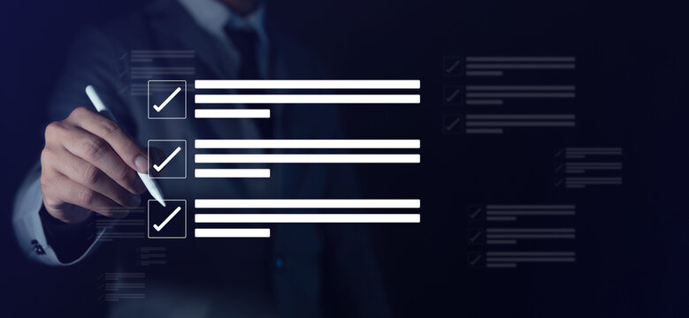 Business Performance Appraisal Concept, Evaluation, Businessman Using Online Checklist Survey On Laptop, Digital Audit