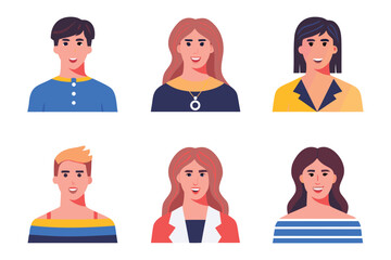 Diverse Avatar Set: Collection of six unique and diverse cartoon avatars, each representing a different individual with varying hairstyles, skin tones and attire. Perfect for profile pictures.