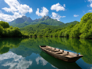 Obraz premium serene lake surrounded by lush green forests and mountains under a bright blue sky with a wooden boat floating on the calm water.