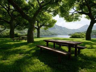 Fototapeta premium peaceful picnic area with wooden benches under large green trees by a lake, surrounded by mountains and bathed in sunlight.