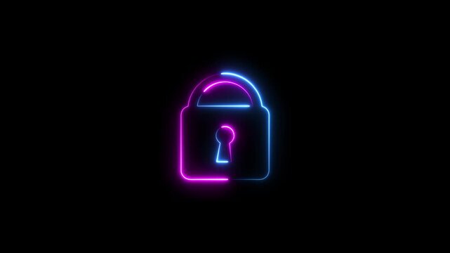 Safety, security, privacy, password icon. bright neon cyan color animation lock icon protection safety security privacy password closed animation sign symbol on black background.