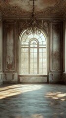 Empty Grand Room Ornate Walls Arched Window Sunlit Chandelier Elegant Interior