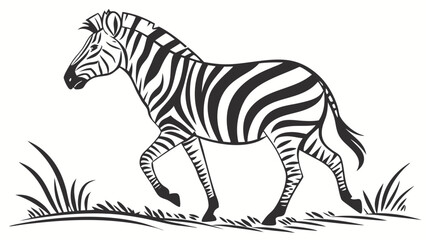 A zebra with black and white stripes walking in a field of grass on a white background drawing art