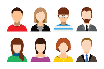 Diverse Avatar Collection: A collection of stylized avatar portraits representing a range of individuals, ideal for illustrating user profiles, profile pictures.