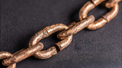 Obraz premium Broken iron chain links on a dark surface, symbolizing liberation and breaking free from constraints.