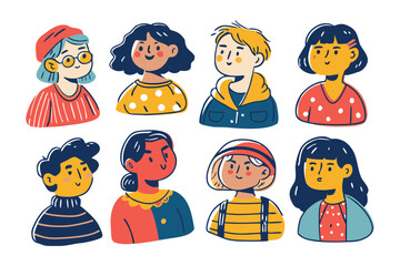 Diverse Group of Characters in Illustration: A vibrant illustration features a collection of diverse characters, each showcasing unique features and style, perfect for projects needing individuality.