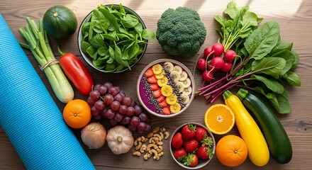 Vibrant Flatlay: Healthy Smoothie Bowl with Fresh Fruits, Vegetables, and Yoga Mat, Promoting Wellness and Clean Eating Lifestyle.