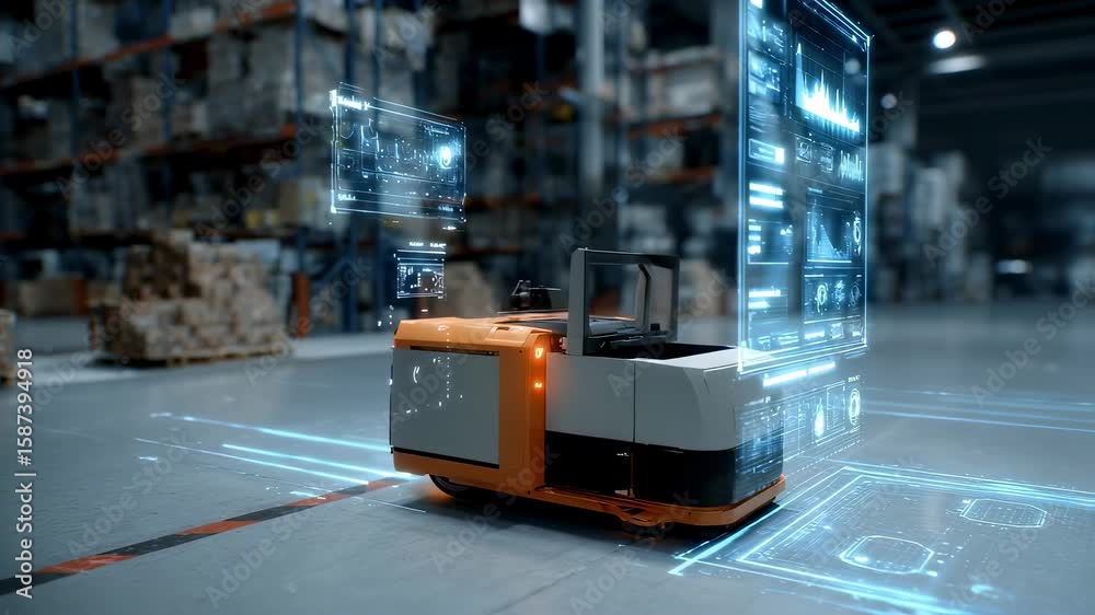 Poster automated guided vehicle transporting goods in a modern warehouse, utilizing artificial intelligence