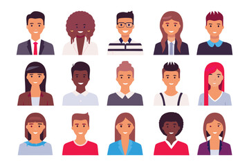Diverse Avatar Set: Collection of 15 diverse and happy avatars representing various ethnicities and styles. Perfect for websites, apps, and social media.