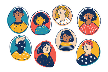 Diverse Portrait Collection: A vibrant collection of stylized portraits, each an individual window into a world of characters, perfect for illustrating inclusivity and unity.