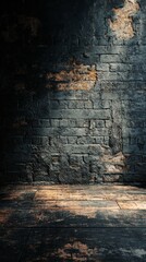 Distressed Dark Brick Wall and Wooden Floor with Dramatic Light in an Empty Room Corner Industrial Urban Background