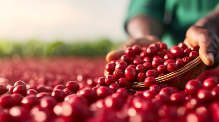 Farmer s hands holding a basket overflowing with freshly harvested red cranberries