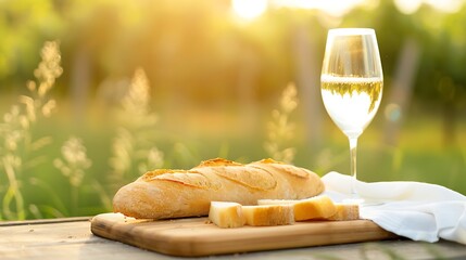 Golden hour picnic delight with fresh baguette and white wine outdoors