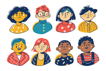 Diverse portrait collection: A vibrant array of hand-drawn illustrations, featuring diverse individuals showcasing a spectrum of expressions and styles.
