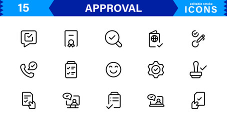 Approval Icons Collection – High-Quality Vector Line Illustrations for Verified, Certified, Success, and Accepted Concepts