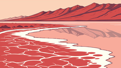 Pink salt lake landscape illustration with mountains and reflection scenic nature art travel destination
