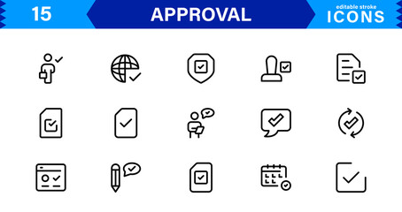 Approval Icons Collection – High-Quality Vector Line Illustrations for Verified, Certified, Success, and Accepted Concepts