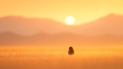 Lone fluffy chick observes the sunrise over misty golden grasslands