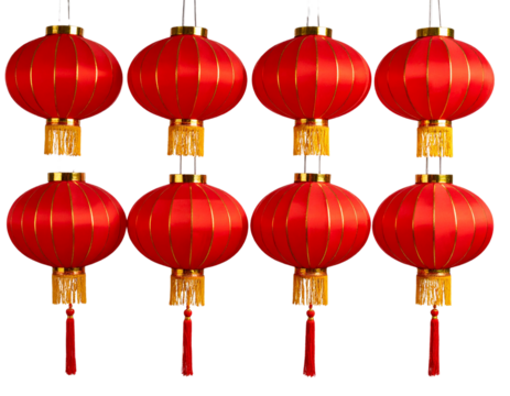 Set of Traditional Chinese Red Lanterns Hanging in a Row, Isolated PNG