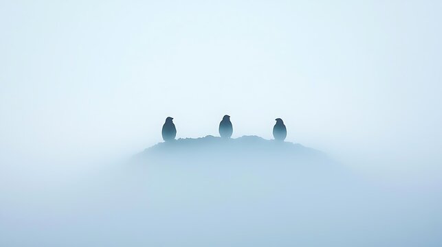 Three penguins silhouetted on a misty hilltop in soft blue light