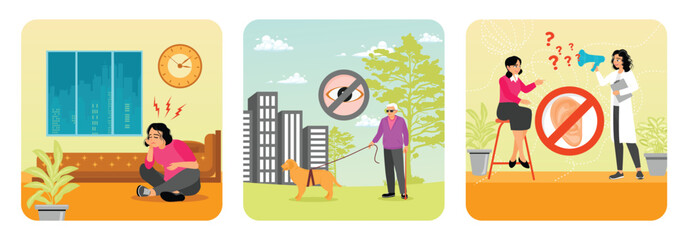 Sleep Behavior Disorder, Blindness and Vision Loss, Deafness and Hearing Problem. © berkah design