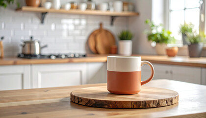Obraz premium Minimalist two-tone ceramic mug with matte finish, soft cream and terracotta colors