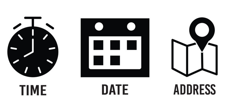 Time, date, location or place icons symbol. Time, date and address icon.